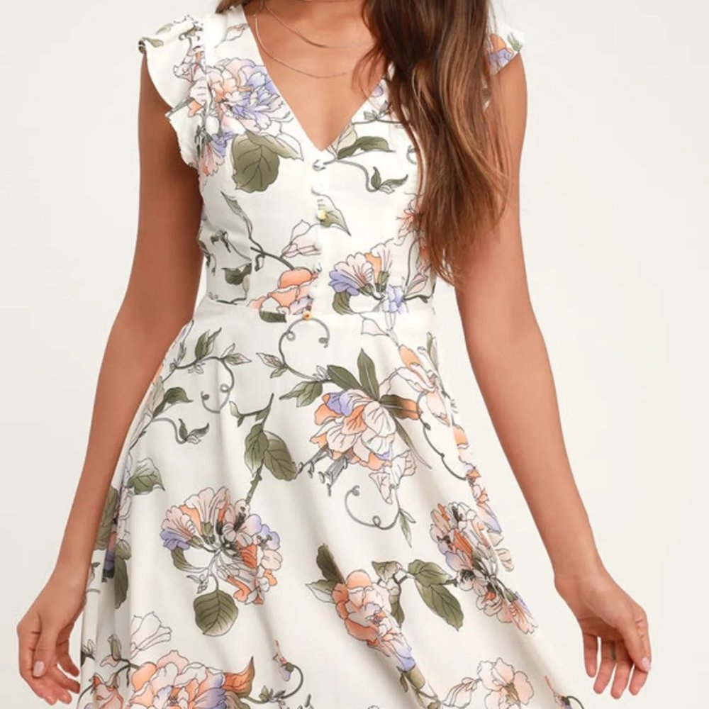 Lulu's Dress | Garden Love Cream Floral Print Backless Skater Dress